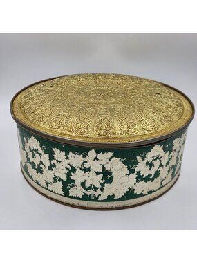 Guildcraft New York Ornate Gold Filigree Lid Floral Pattern Side Metal Round Box
